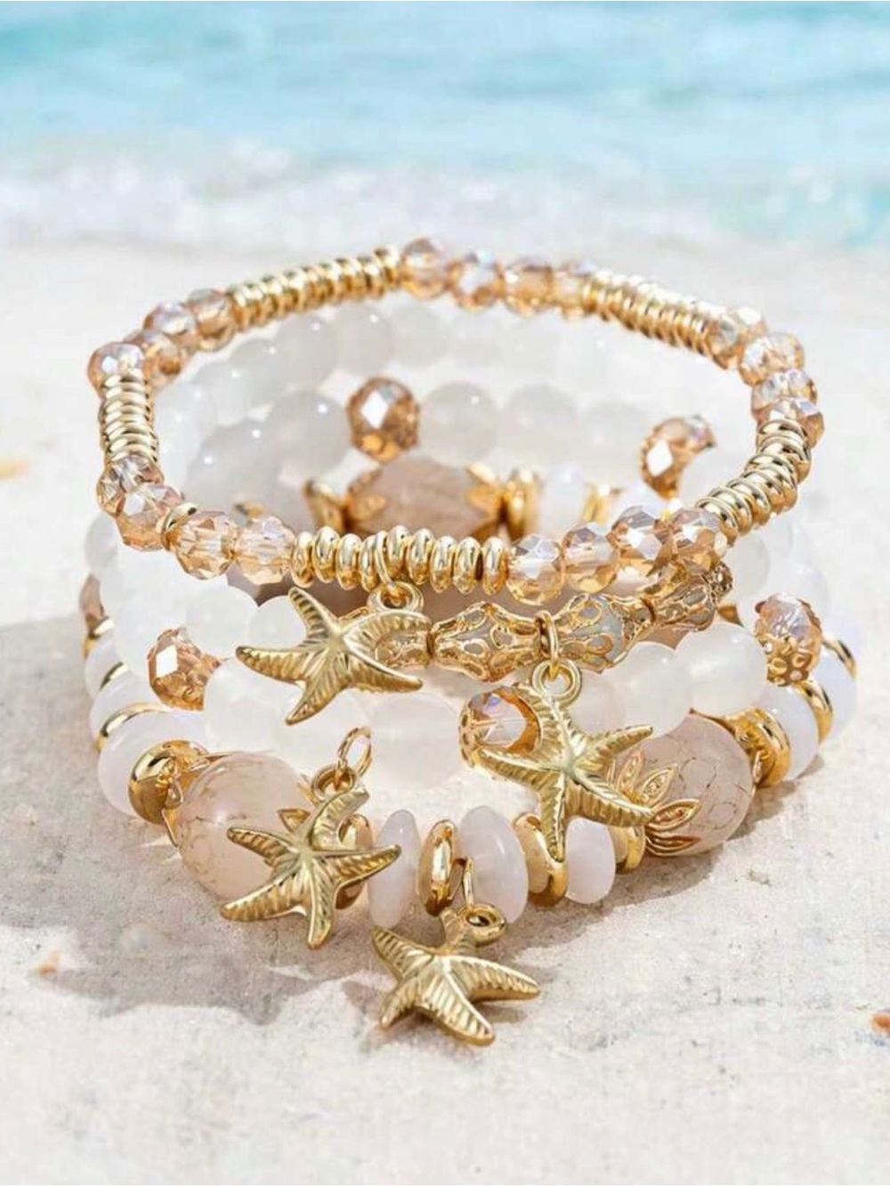 4pc. Stackable Bohemian Style Starfish Pendant Beaded Crystal Bracelete